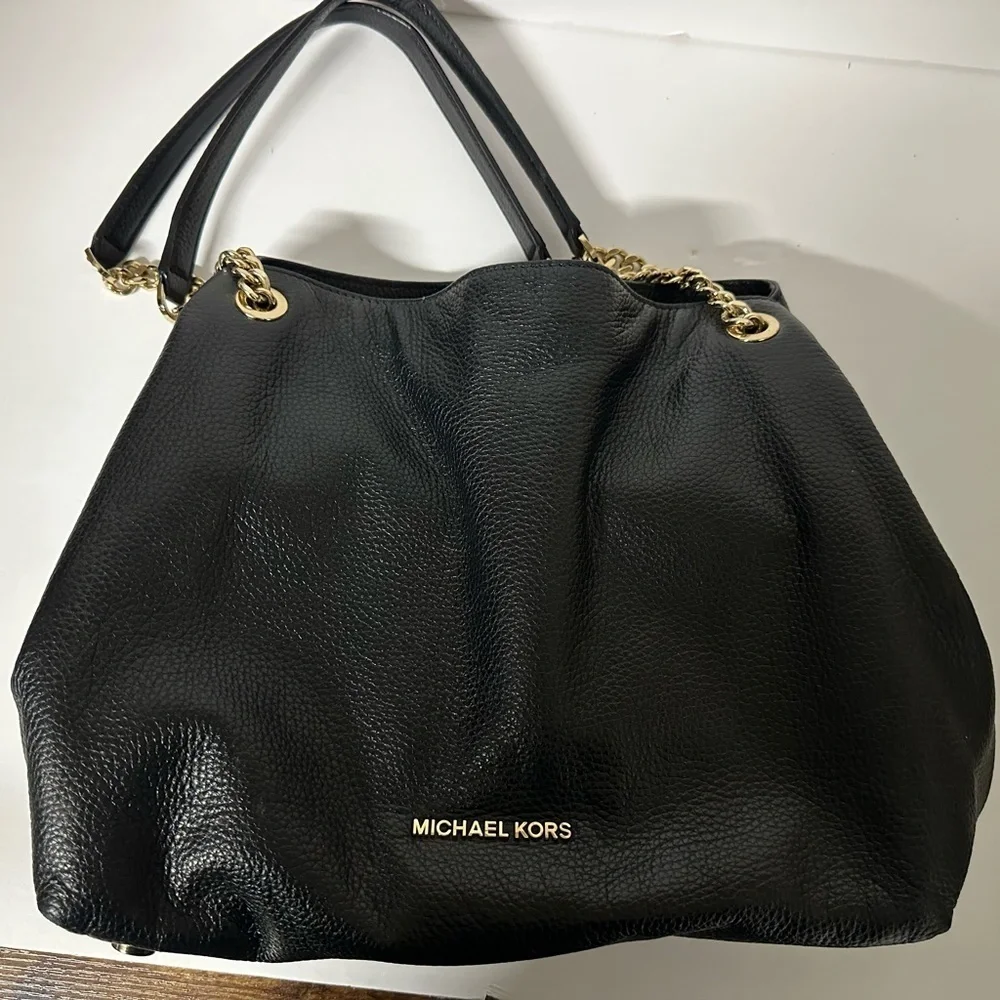 Michael Kors Black Slouchy Pebbled Leather Shoulder Bag with Gold Chain